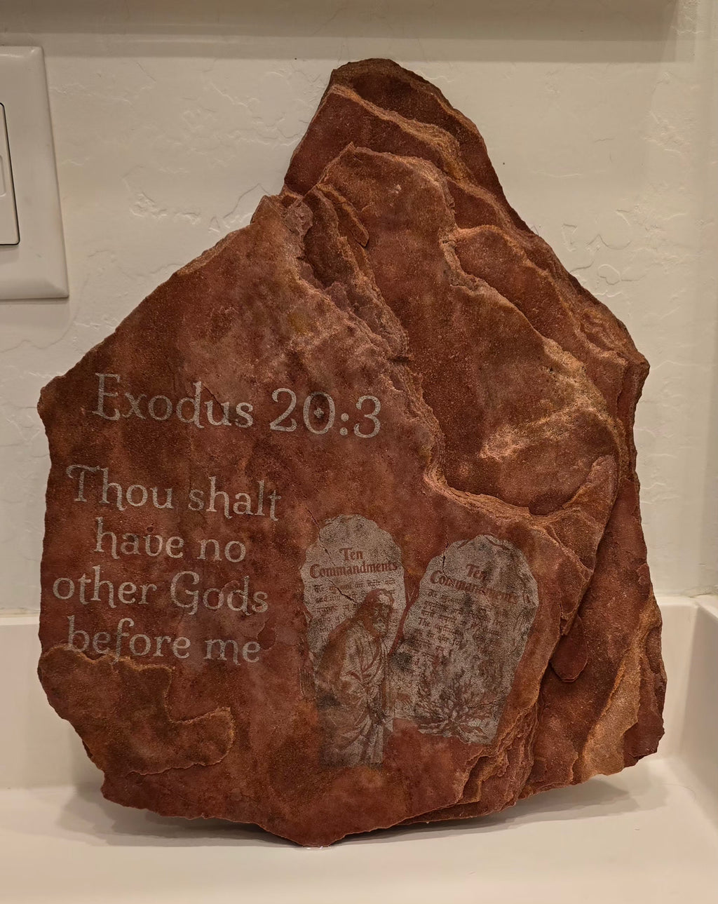 Unique Biblical Stone Tablet: Engraved First Commandment, Moses, Burning Bush Emerging from Rock