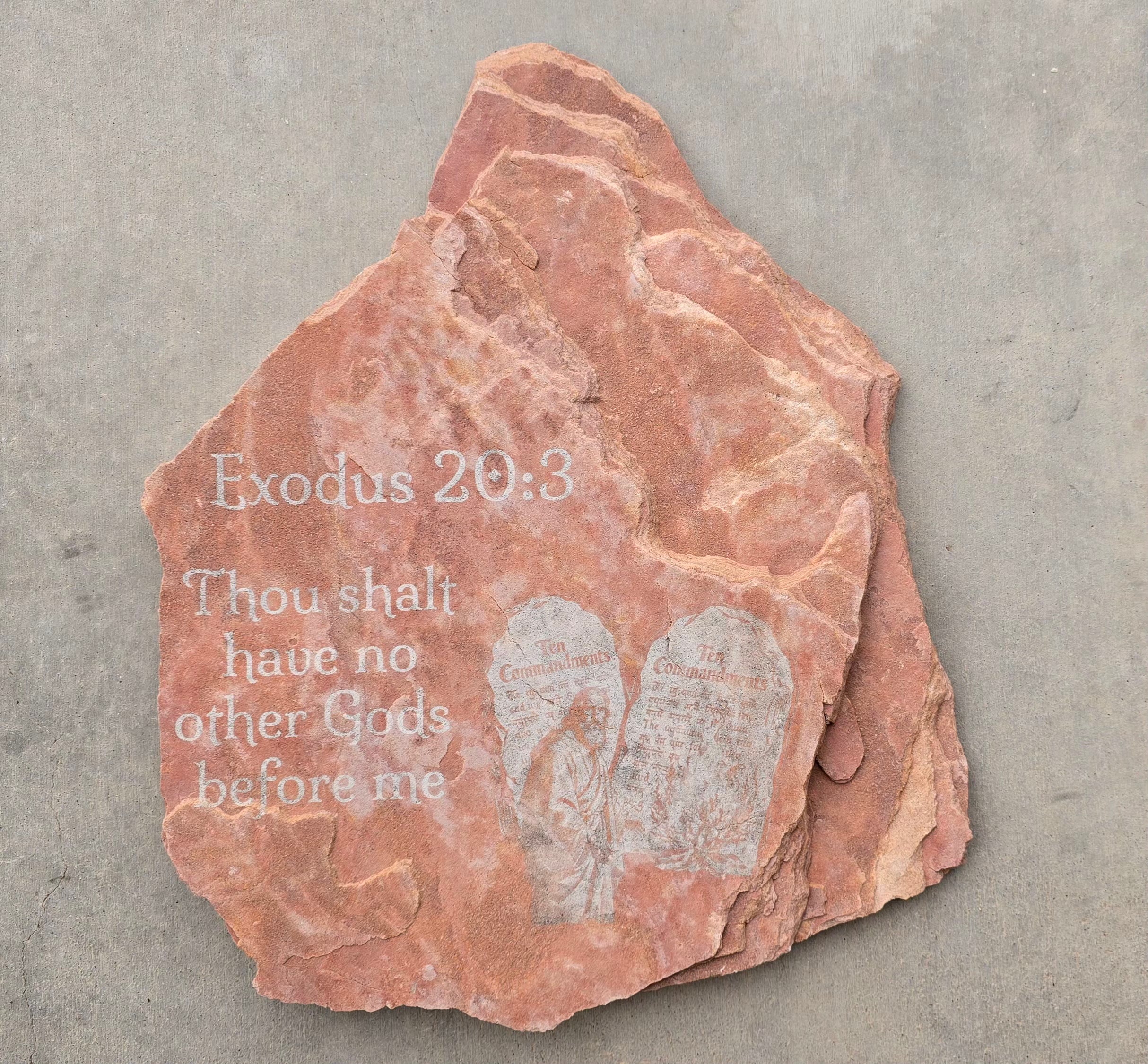 Unique Biblical Stone Tablet: Engraved First Commandment, Moses, Burning Bush Emerging from Rock