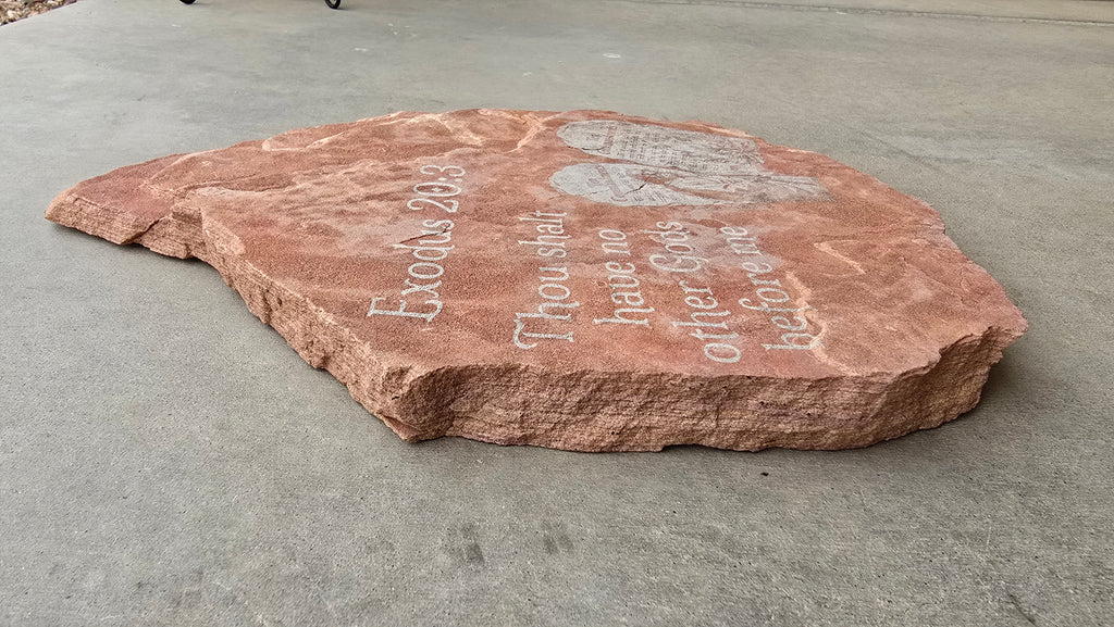 Unique Biblical Stone Tablet: Engraved First Commandment, Moses, Burning Bush Emerging from Rock