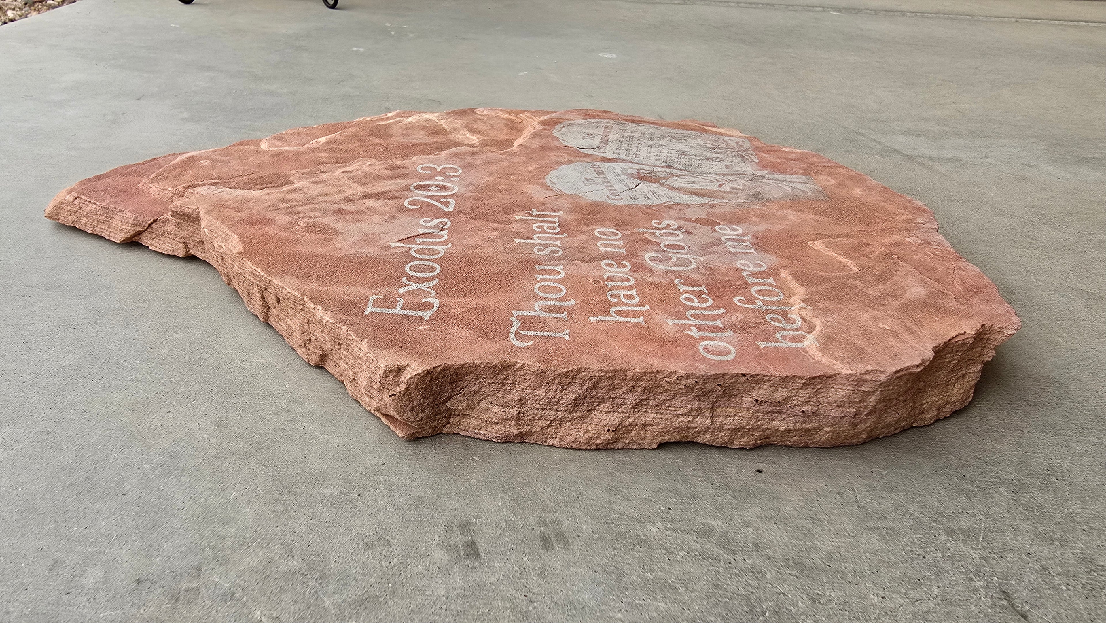 Unique Biblical Stone Tablet: Engraved First Commandment, Moses, Burning Bush Emerging from Rock